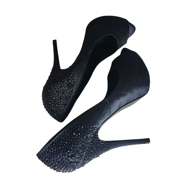 Aldo Black Satin Peep Toe High Heels With Rhinestone Embellished Heel Size 9 - Picture 8 of 14